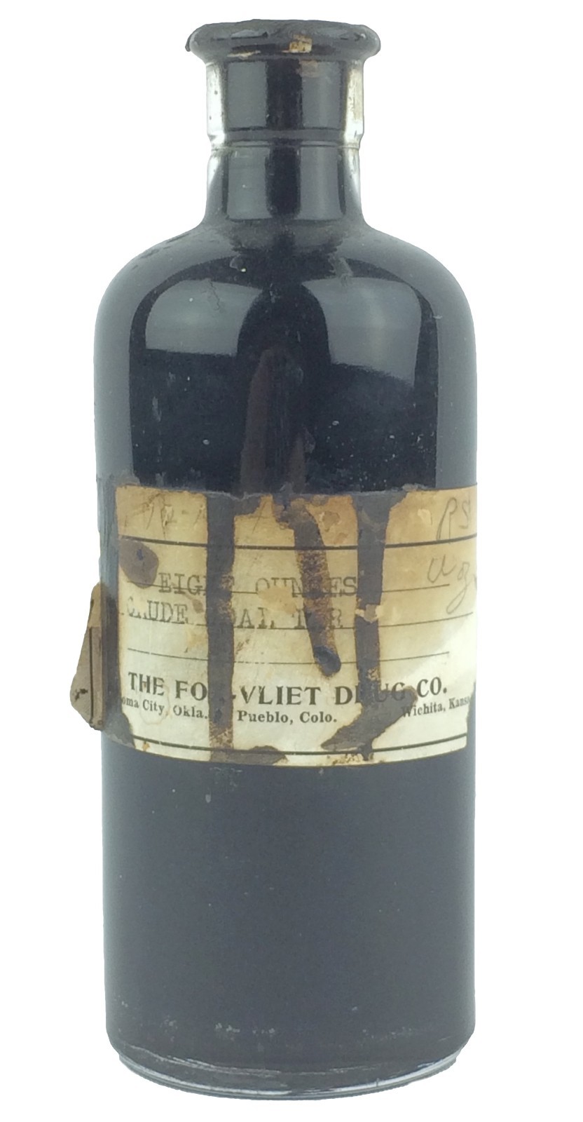 Vintage Fox-Vliet Drug Co Crude Tar 8 oz Apothecary Bottle OK City Bricktown