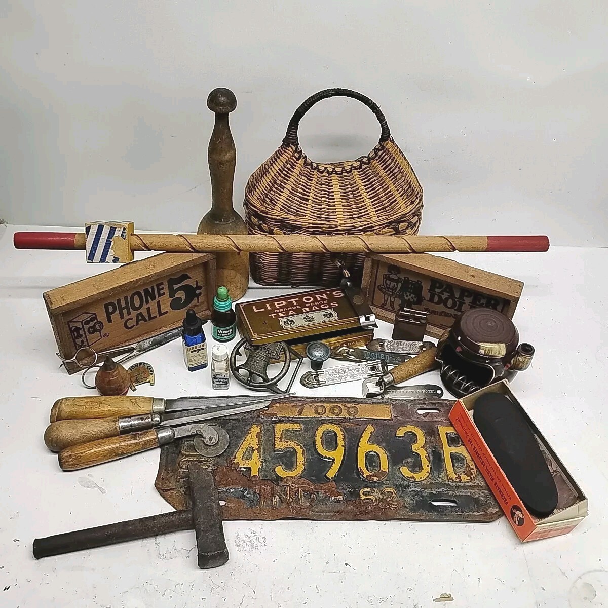 Primitive Country Store Farmhouse Barn Decor Lot: Tools, Apothecary, Signs…..