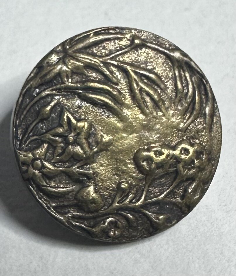 Antique French Paris Brass Button Floral Vine Motif Stamped on back 1882
