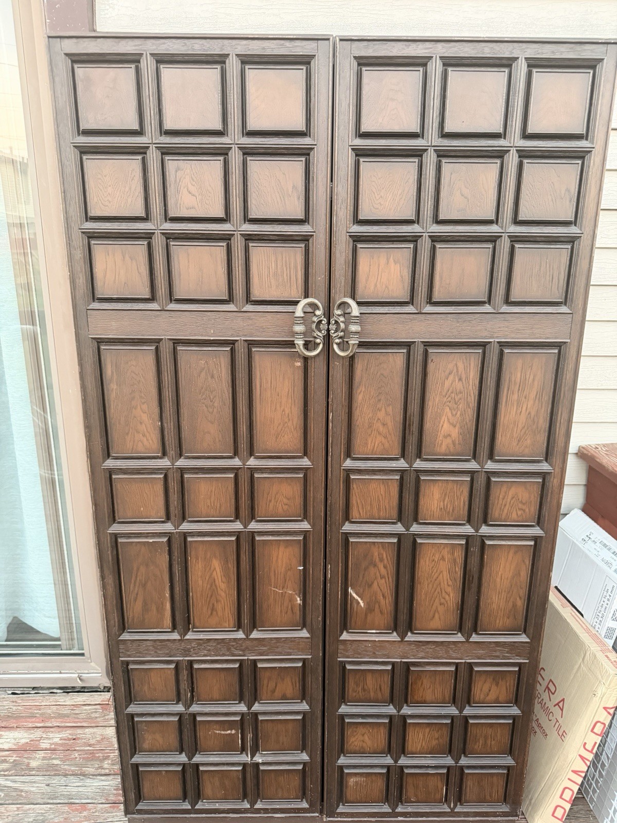 Antique Brown Freestanding Cabinet 48x20x72 2 Hinged Raised Panel Doors Shelf
