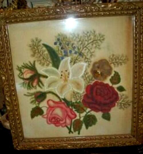 Americana 1870s Theorem Velvet Floral Painting Folk Art Old Wavy Glass Framed