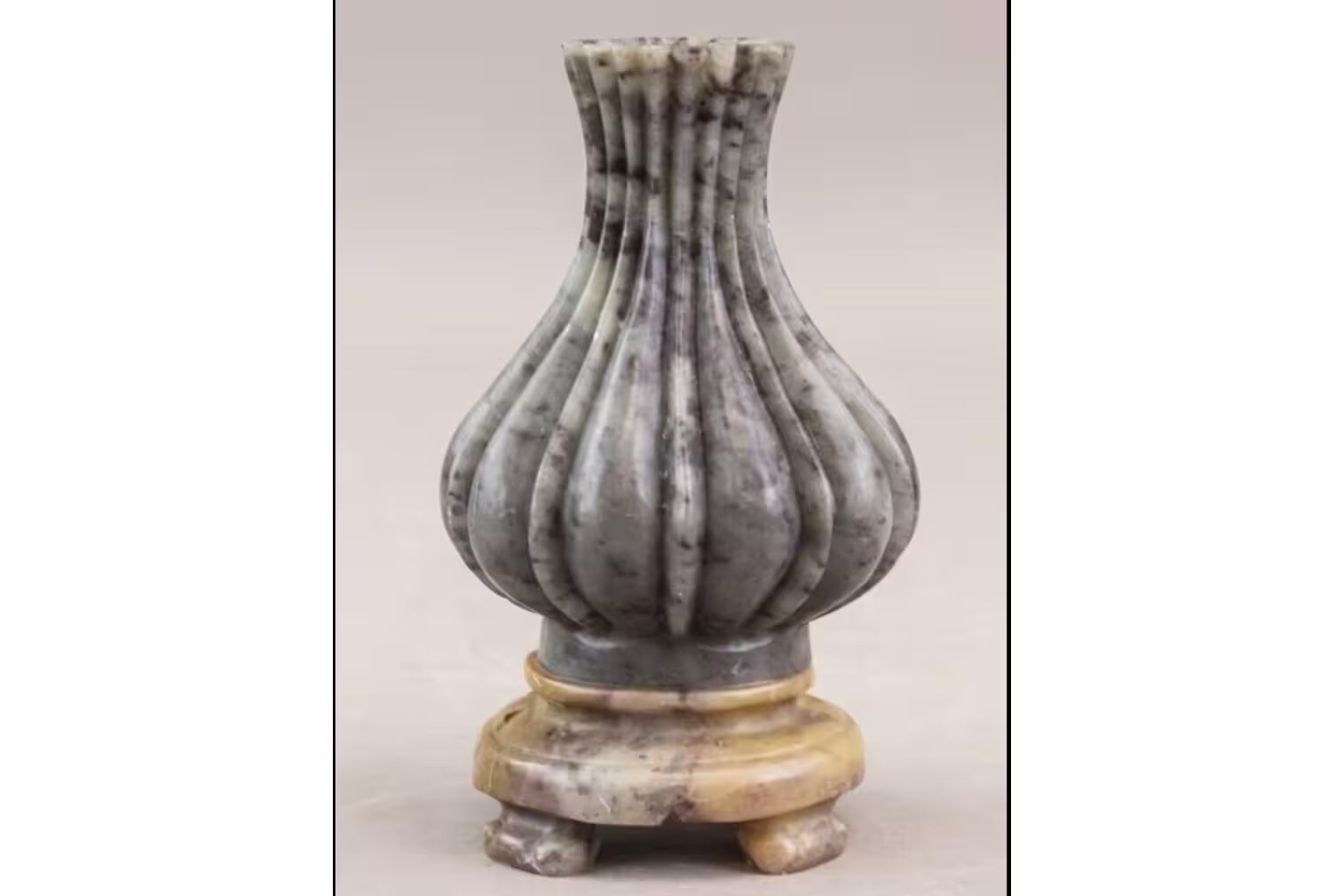 Antique Chinese Hardstone Vase on a Stand. Gray, Black and Green Tones.