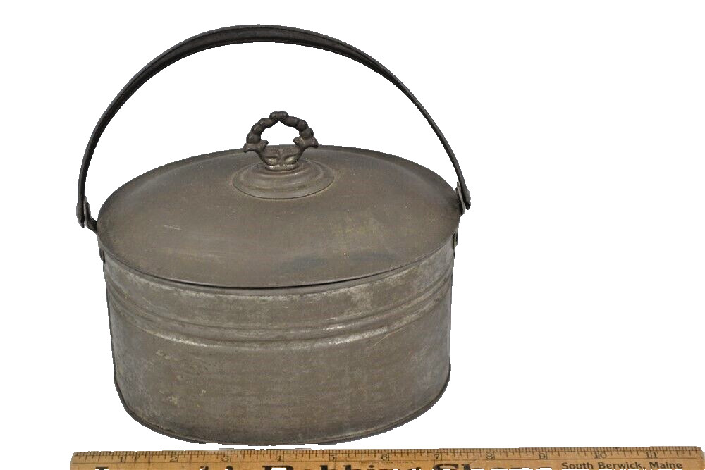 antique early dome lid oval tin pail bucket fancy 7x5x4 oval 18th c original