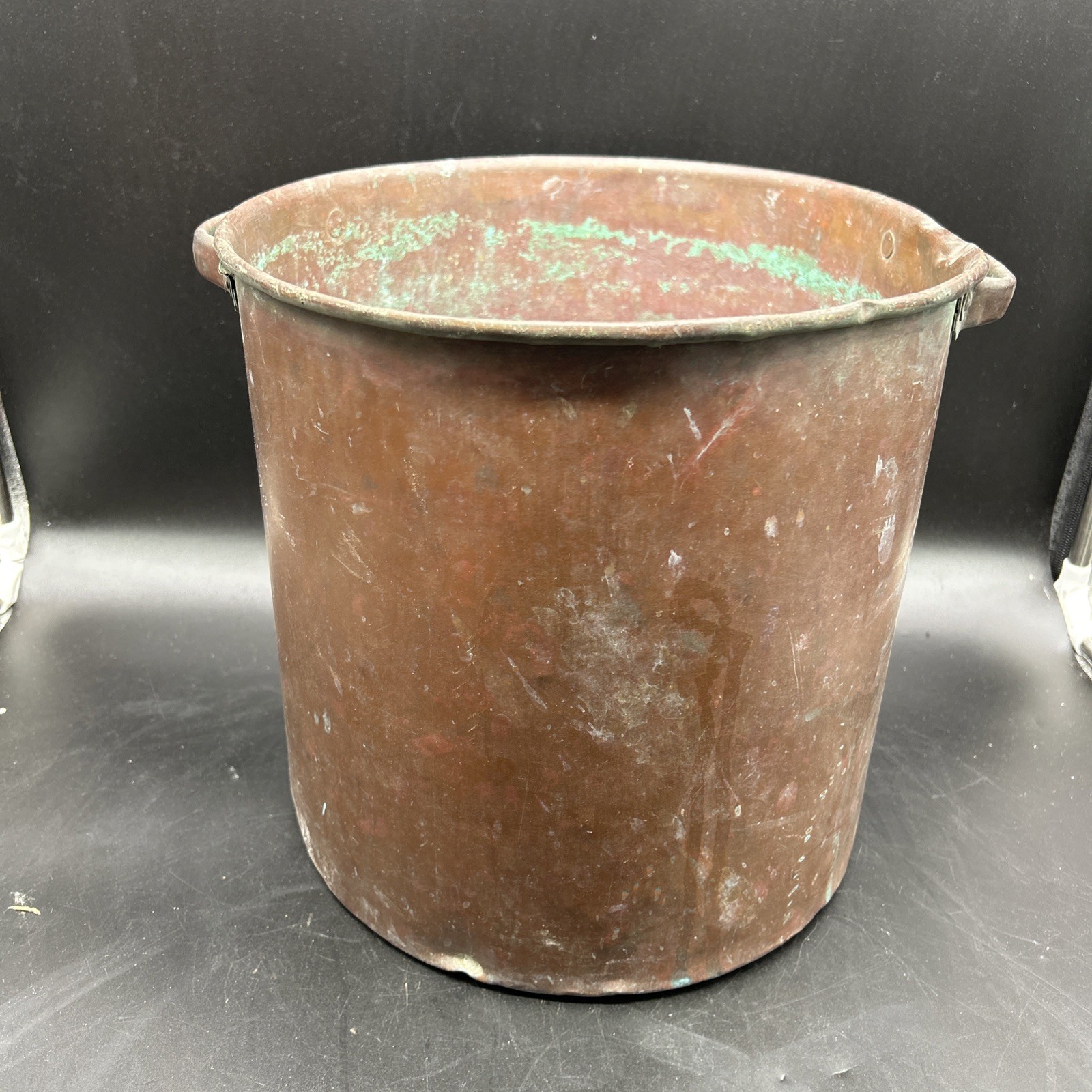 Antique COPPER Stock Pot Rolled Rim Rivet Handles Cook Kitchen Verdigris Patina