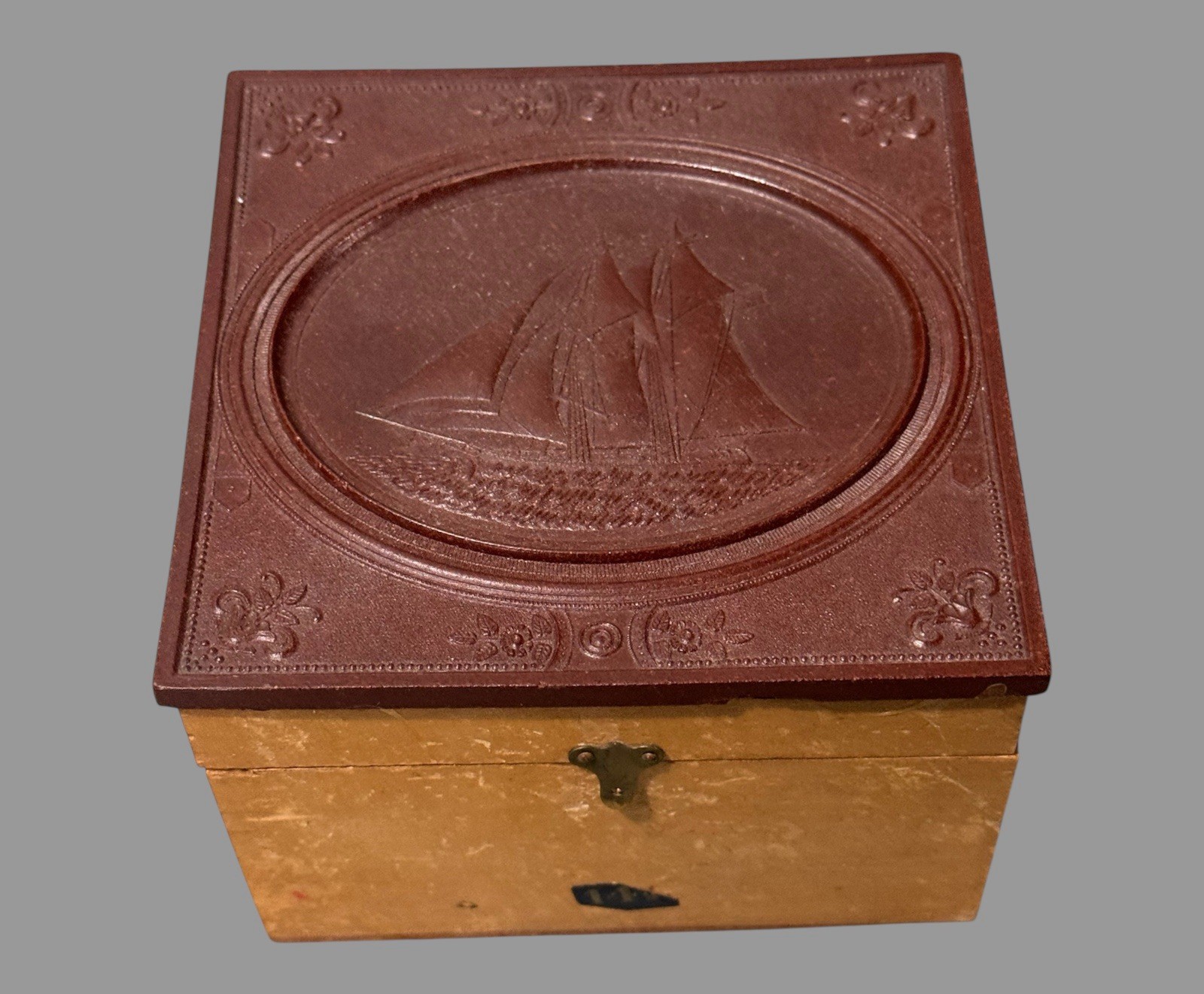 Antique Victorian Maple Collar Box with Scenic Trade Ship Gutta Percha Lid