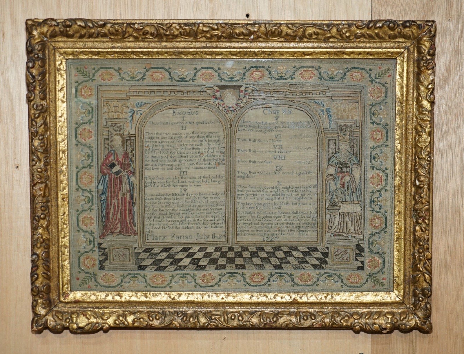 IMPORTANT ANTIQUE 10 COMMANDMENTS GEORGE I 1727 NEEDLEWORK SAMPLER MARY FARRAN