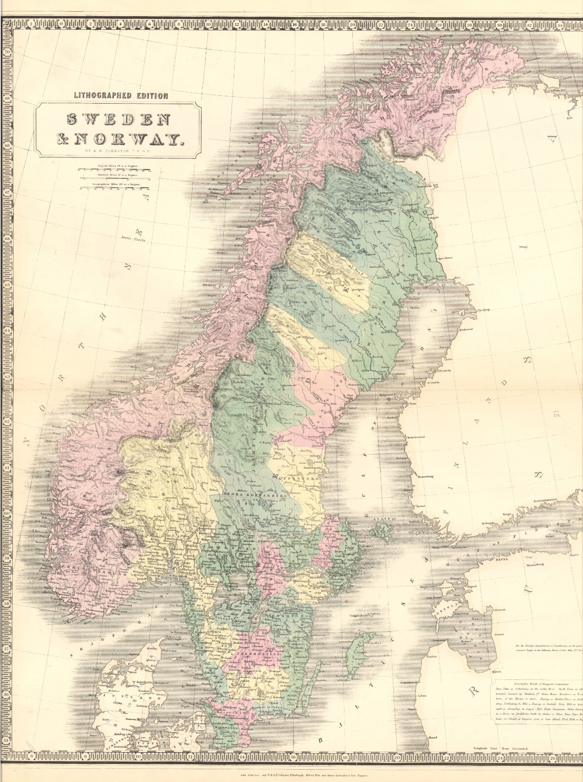 1845 Sweden Norway map by A.K Johnston ~ 25.8″ x 21.2″ Antique Pastel Color Huge