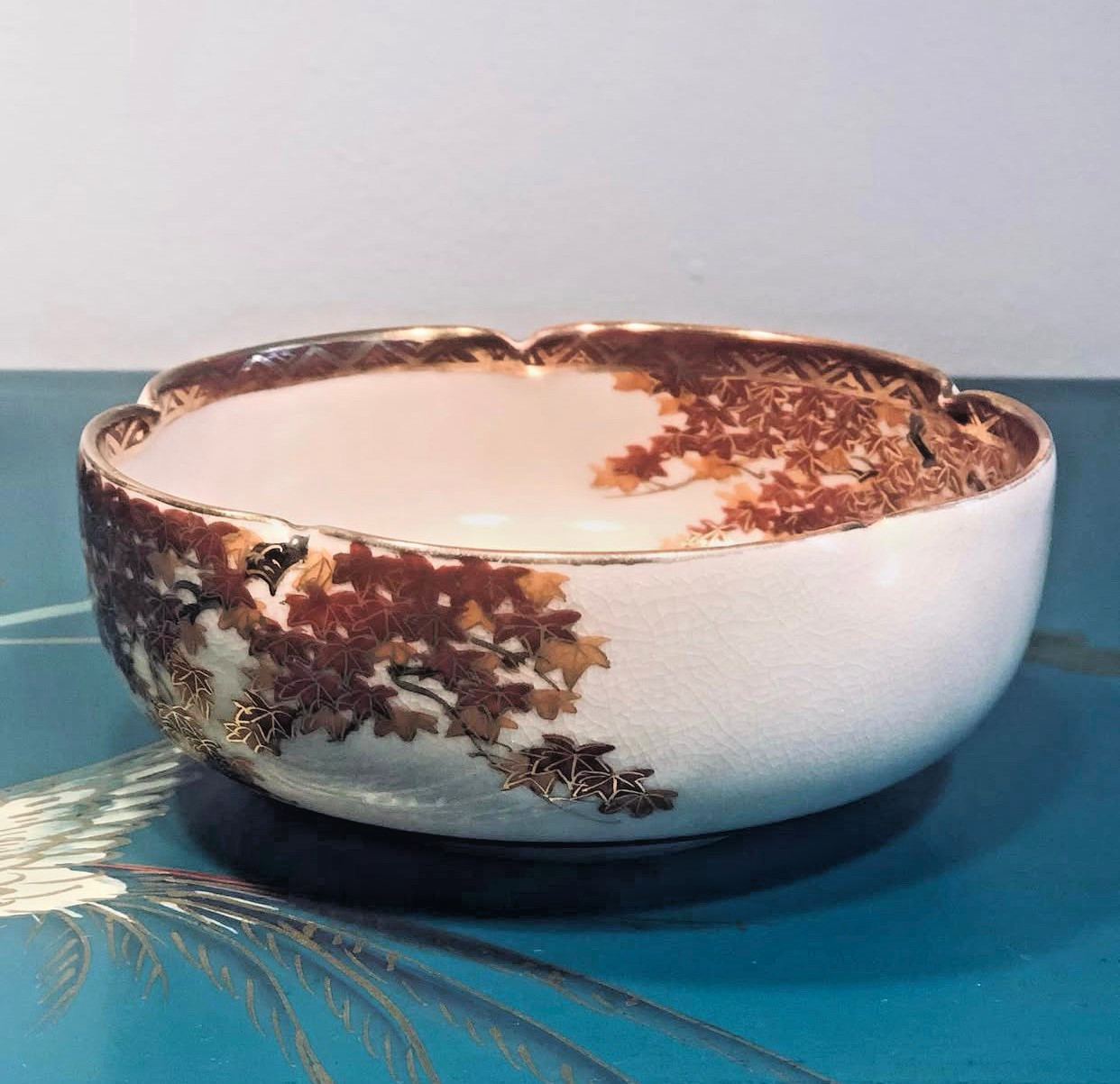Japanese Satsuma Antique Lobed Bowl Signed Birds Floral Meiji 4.25″
