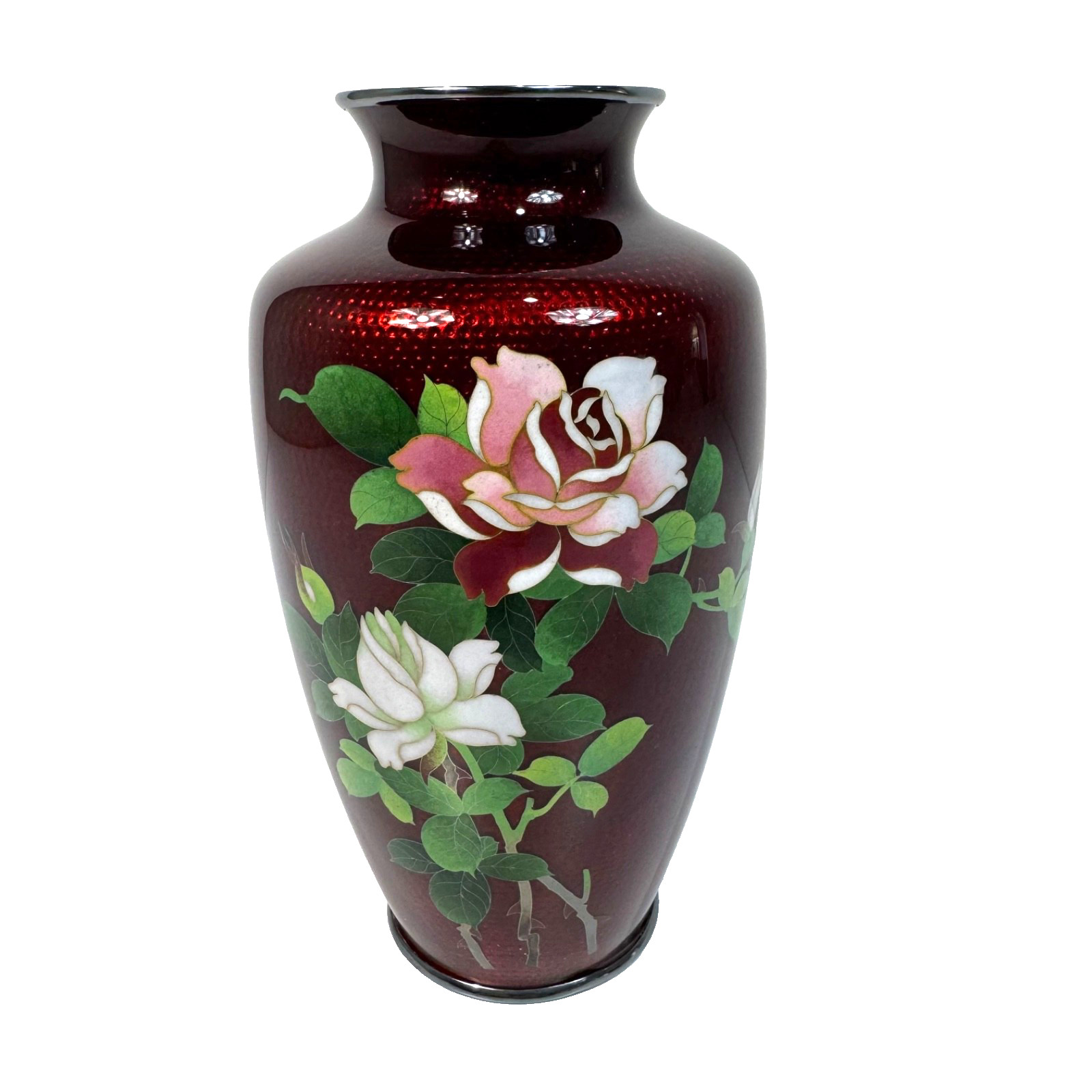 Vintage Japanese Vase Ginbari Cloisonne Rose Pigeon OX Blood Red 7.25 Inch B