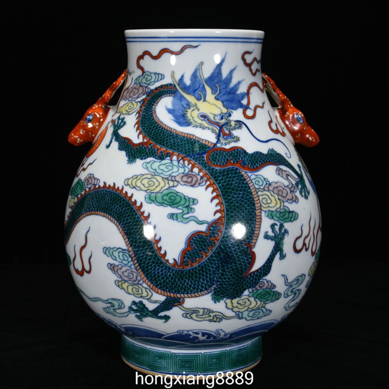 11″Old Qing Qianlong Year Dou Cai Porcelain Dragon Phoenix Deer Zun Bottle Pot