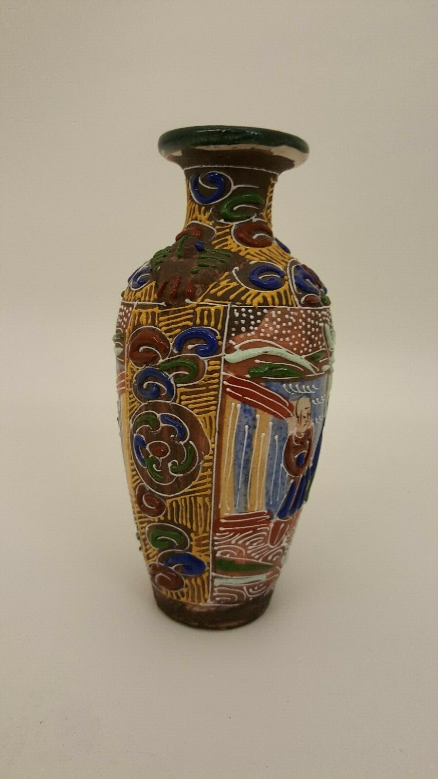 ANTIQUE TEXTURED CHINESE VASE 6.25″ TALL POTTERY HAND PAINTED