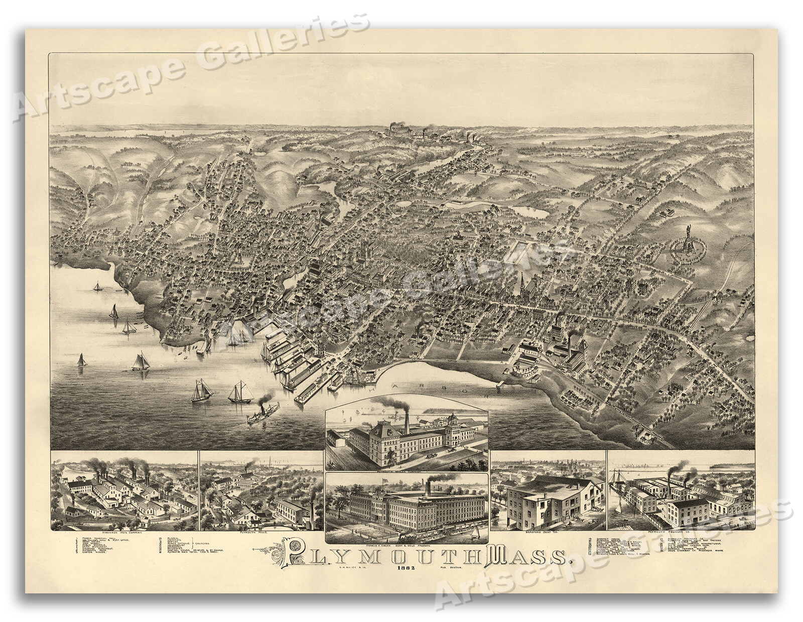 Bird’s Eye View 1882 Plymouth Massachusetts Vintage Style City Map – 18×24