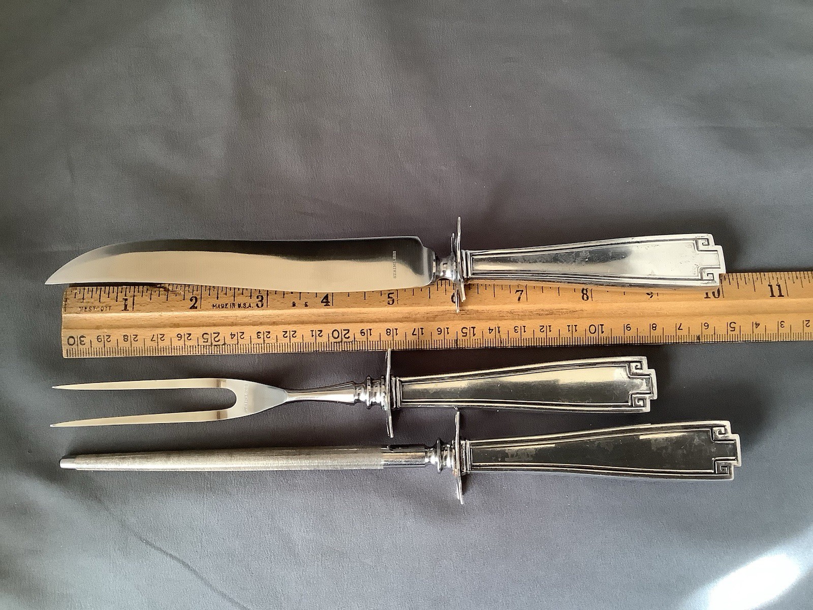 Gorham Etruscan Sterling 3 Pc Steak Roast Carving Set Fork 10” Knife Sharpener