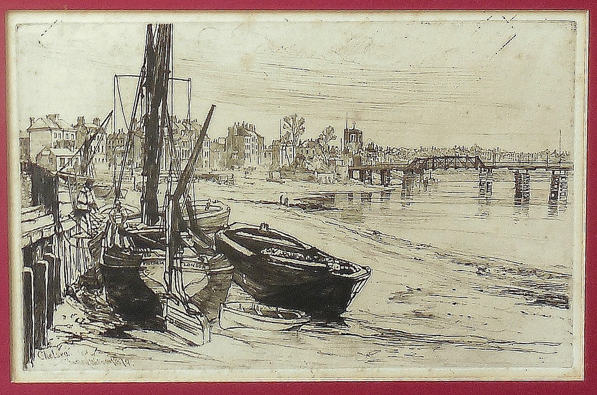 A Fine Antique Victorian Drypoint ETCHING CHELSEA 1879 Barges Thames Bank SIGNED