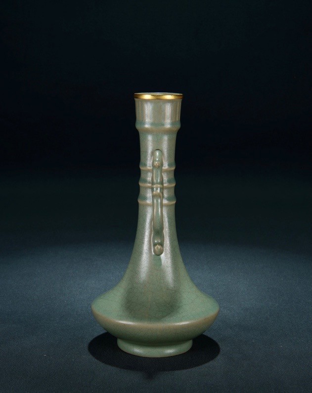 9″Old Song Dynasty Ru Kiln porcelain gilt dragon ear Zun Cup Bottle Pot Vase