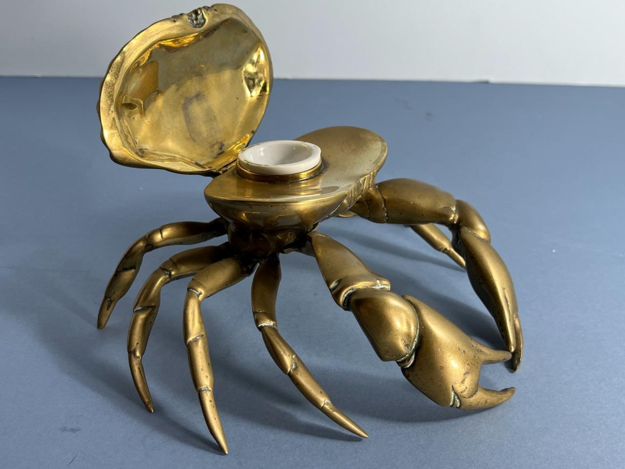 SCARCE UNUSUAL ANTIQUE VICTORIAN BRASS NATURALISTIC CRAB INKWELL & LINER