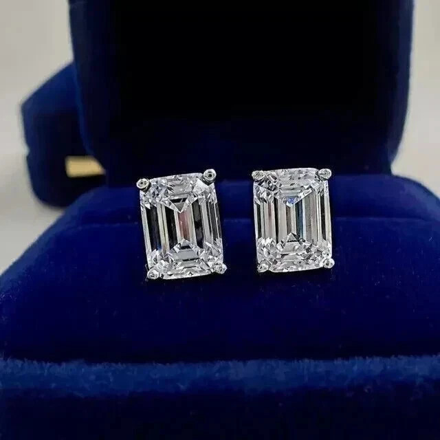 4Ct Emerald Cut Lab Created Diamond Women’s Stud Earrings 14K White Gold Plated