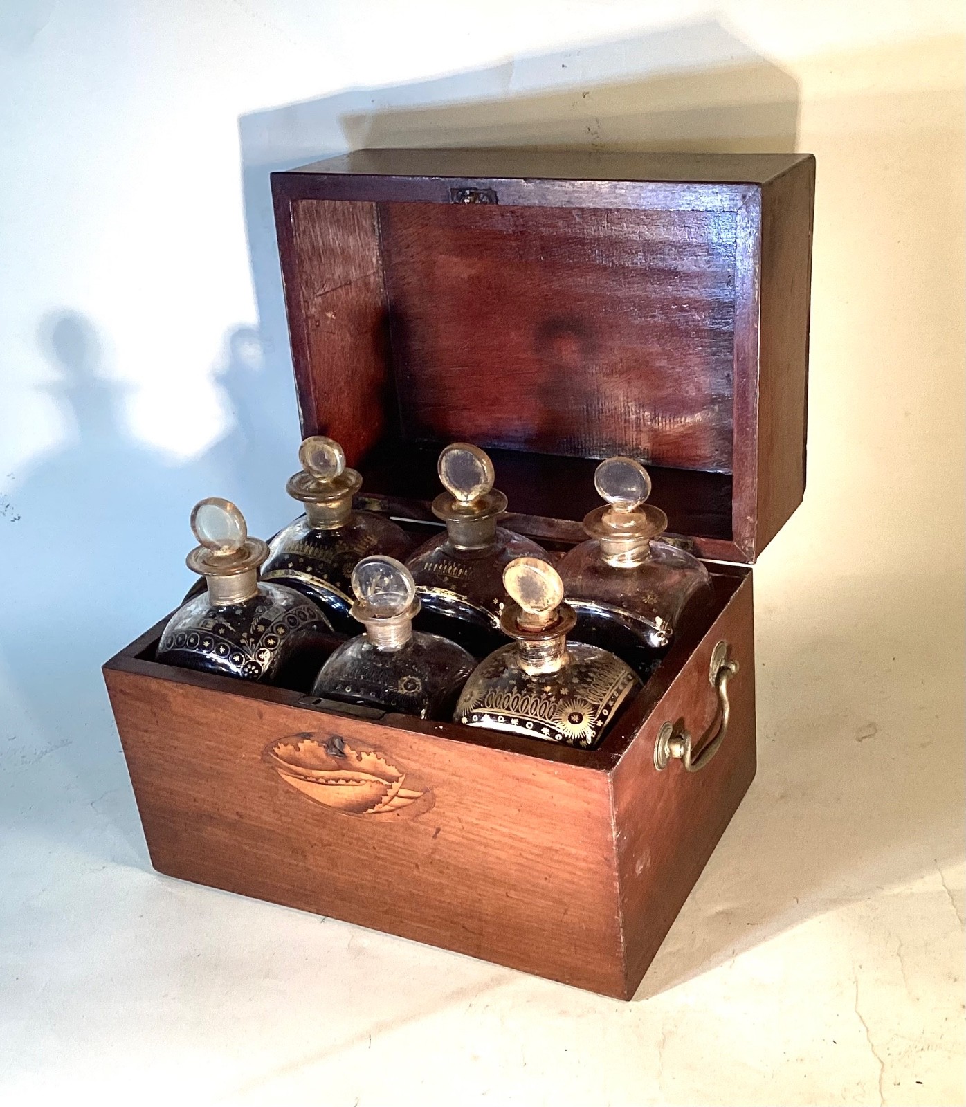 Georgian Inlaid Six Bottle Decanter Case or Box. Shell Inlays. Genuine.
