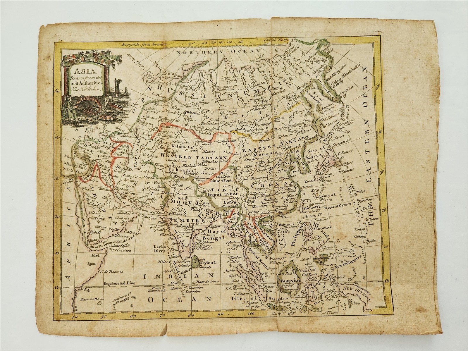 1782 antique ASIA MAP hand colored THOMAS KITCHIN copper engraving plate