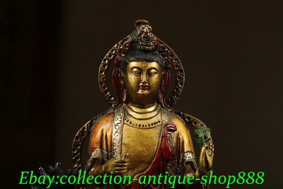 Old Chinese Bronze Gilt Painting Dragon Kwan-yin Guanyin Goddess Buddha Statue
