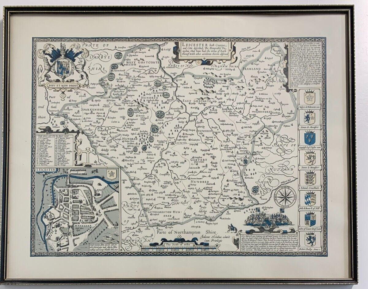 Framed Mounted Antique Map Leicestershire Hand Tinted- John Speed – Reproduction