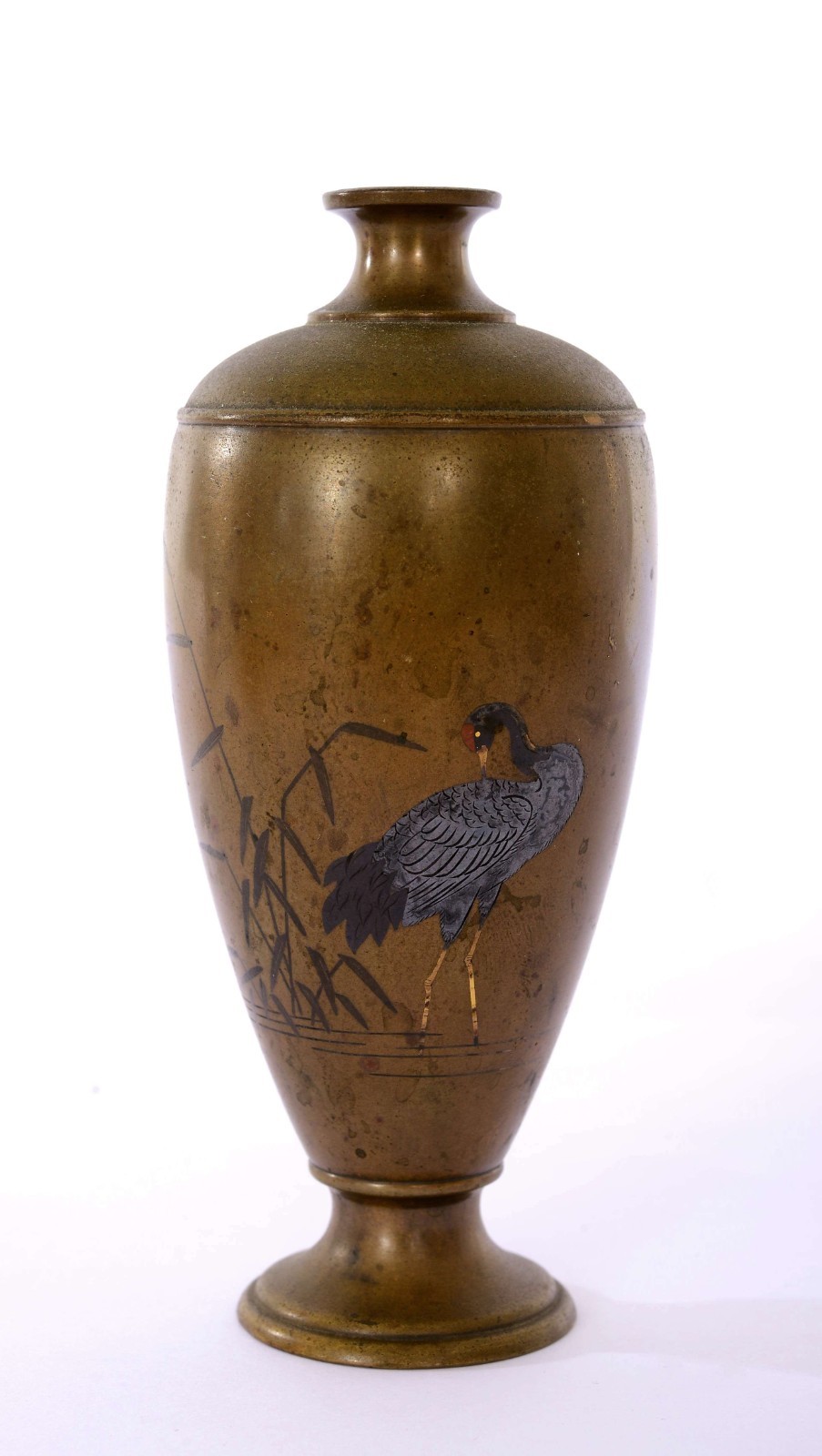 1900’s Japanese Bronze Mixed Metal Vase Crane Bird