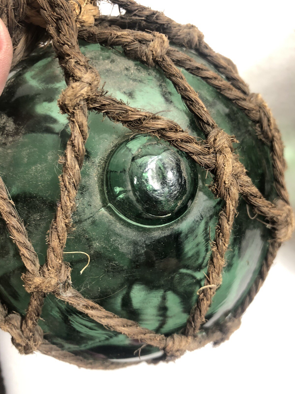 (2) VTG 60s Green Glass 5″ Fishing Floats Buoys w/Fishnet From SW ICELAND Coast