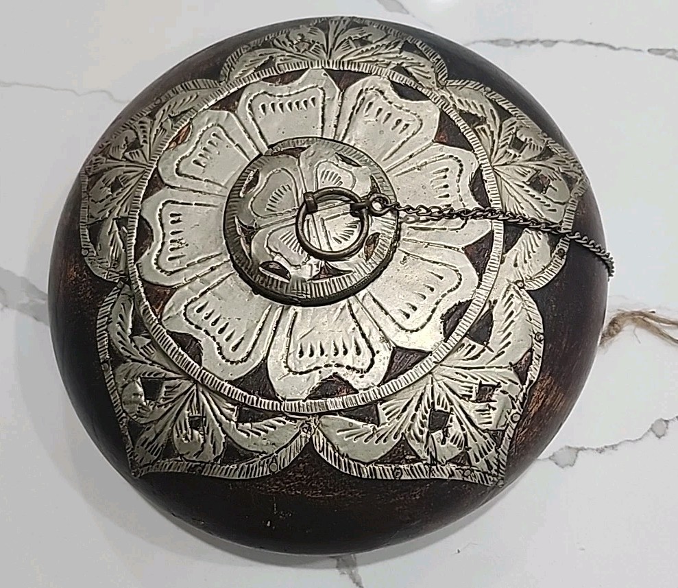 Vintage Hand Carved Dark Wood Silver Metal Inlay Fitted Tobacco Opium Box