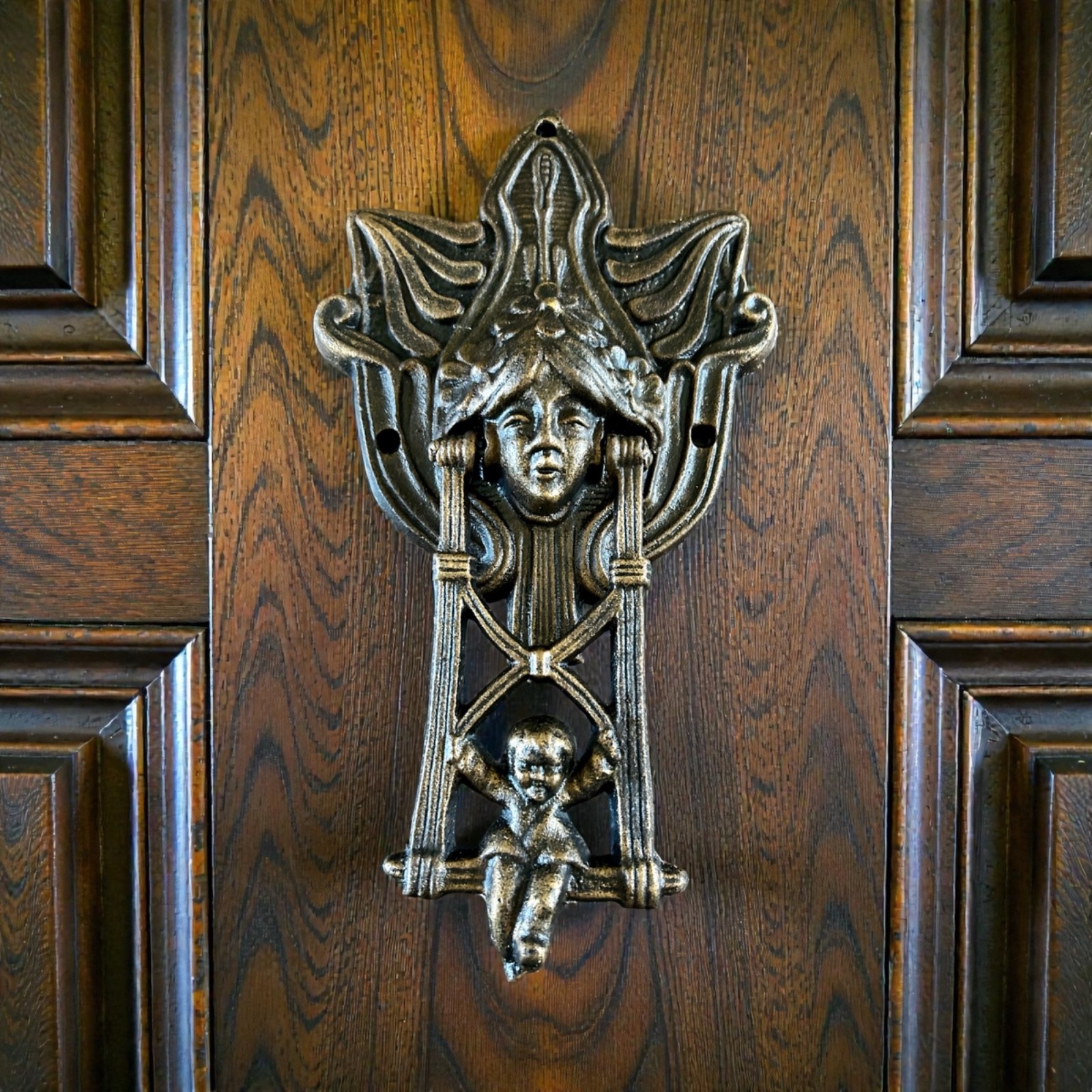 Art Nouveau Cast Iron Door Knocker – Vintage Female Mask & Cherub on Swing