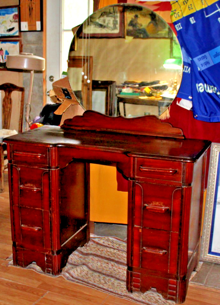ANTIQUE 1940s Wood Art Deco Vanity Mirror Makeup Table With Drawers Desk