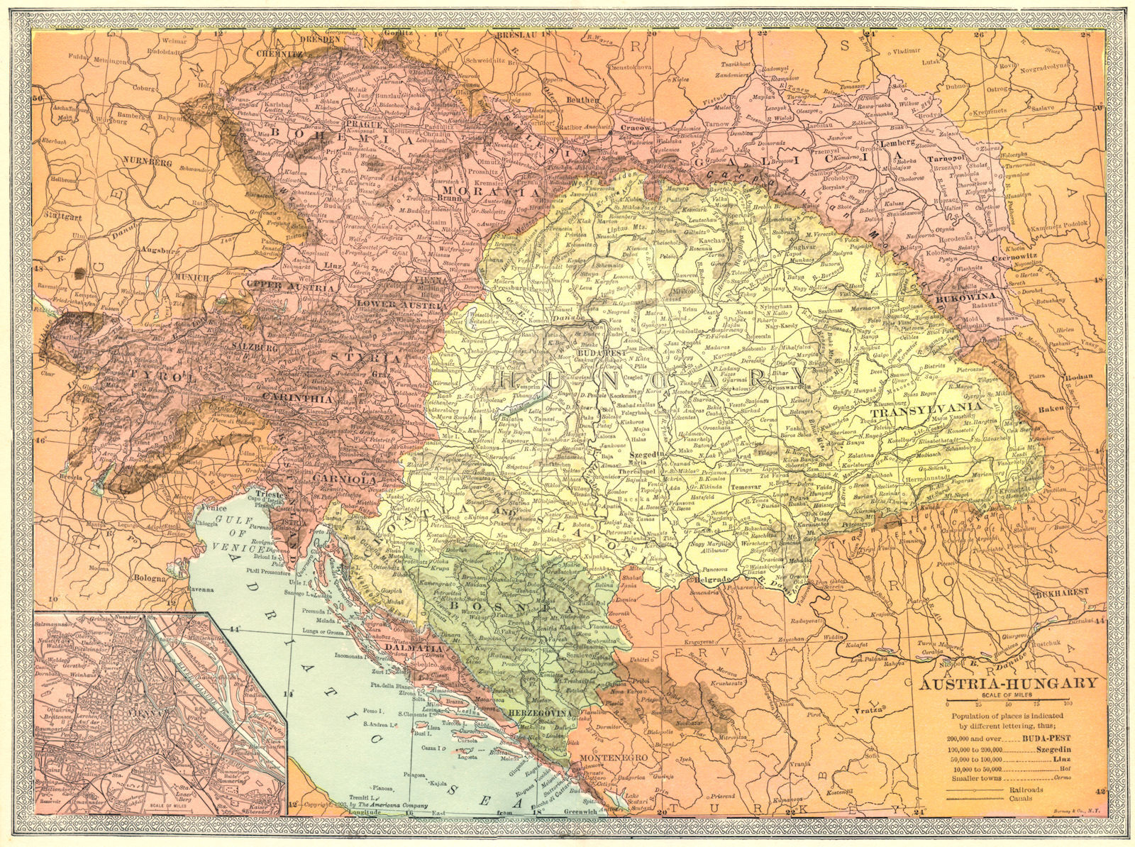 AUSTRIA-HUNGARY. Bosnia Dalmatia Galicia Bohemia Tyrol. Vienna inset 1907 map