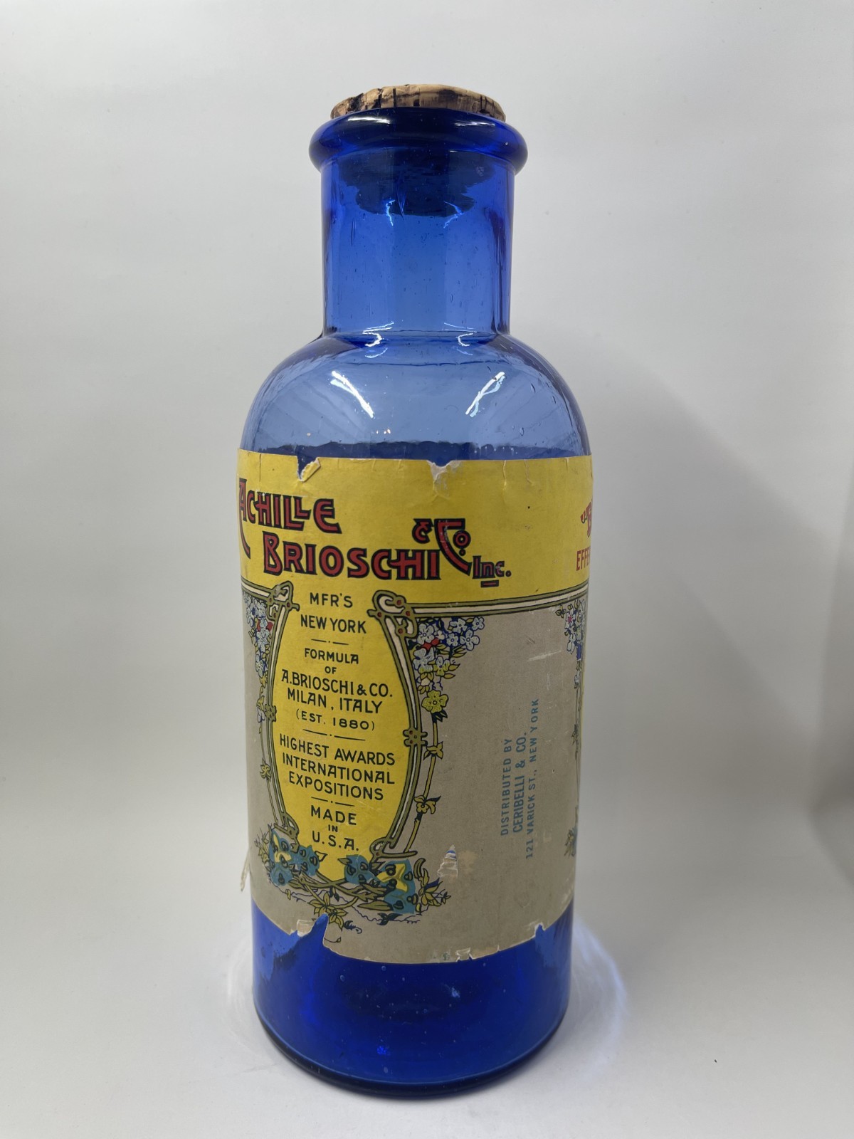 BRIOSCHI Antique Pharmacy Medicine Bottle Original Paper Label & Cork