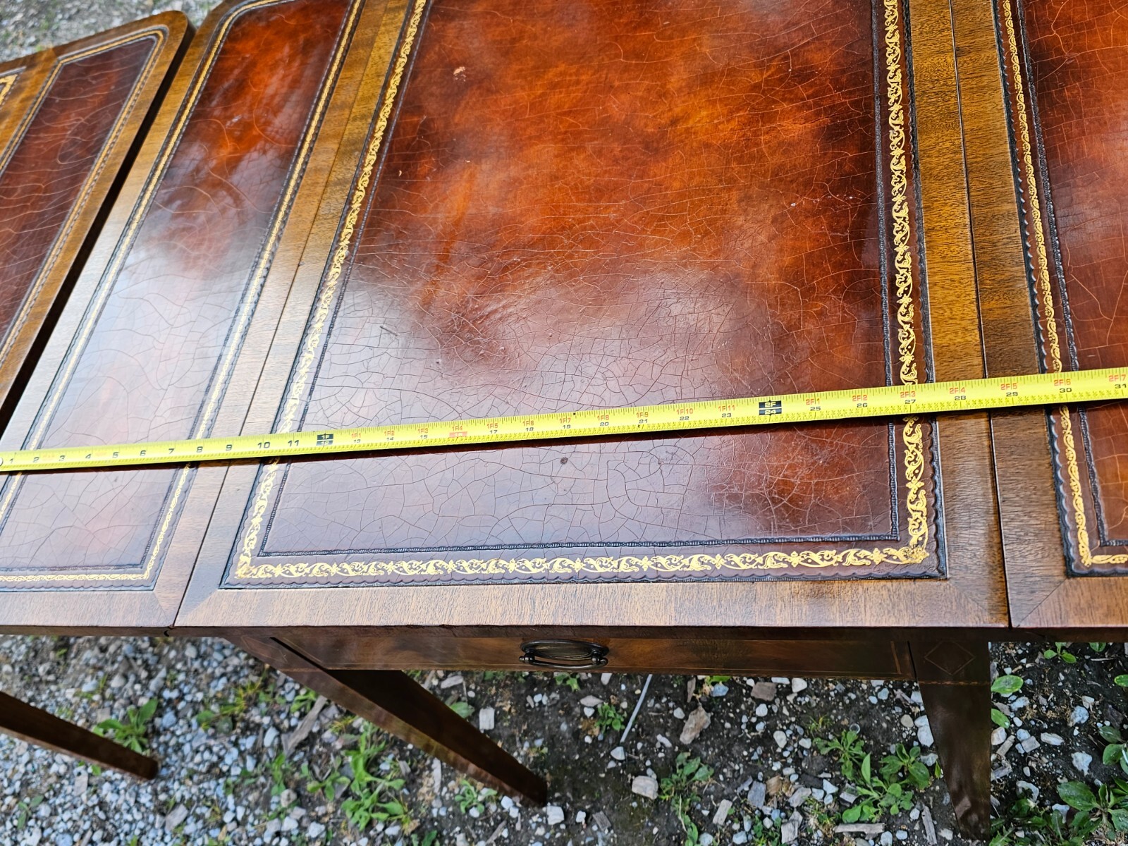 Antique Pembroke Double drop leaf leather top end table Pair by Weiman