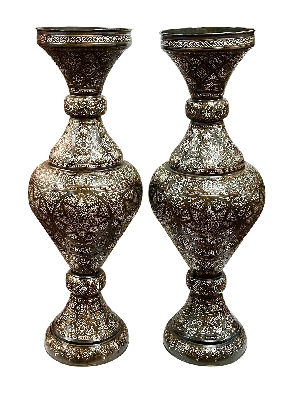 Pair Large Islamic Silver and Copper Inlaid Bronze Vases — 52 in, 132 cm