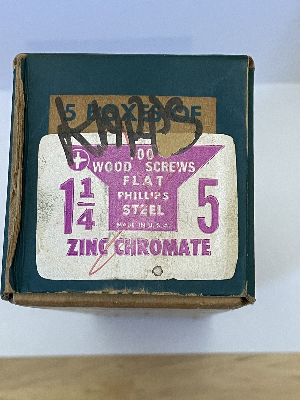 Vintage NOS Wood Screws #5 x 1 1/4” Zinc Chromate Phillips Flat Head 500 Screws