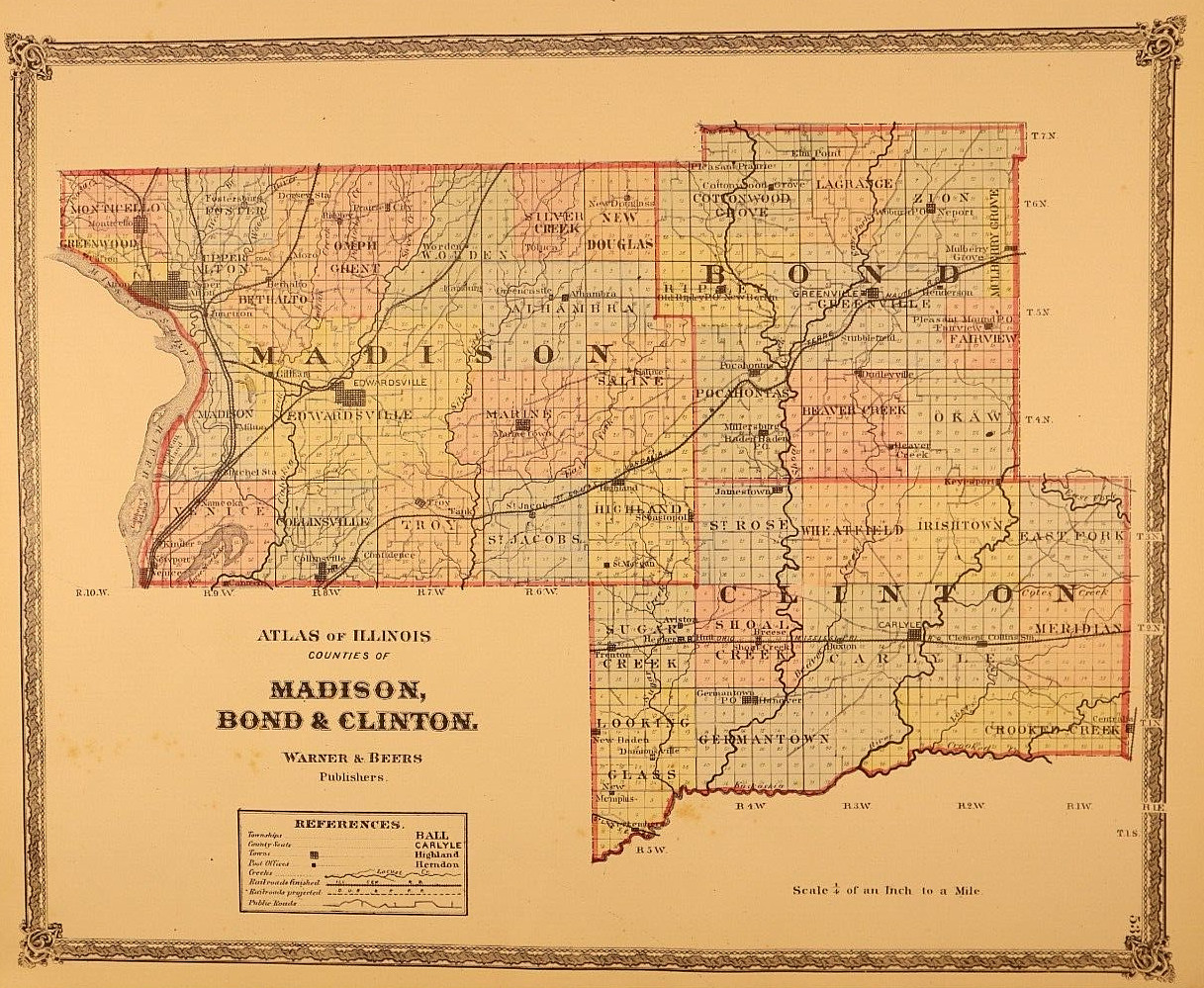 1874 County Map ~ MADISON, BOND & CLINTON Counties, ILLINOIS (15×17)-#19