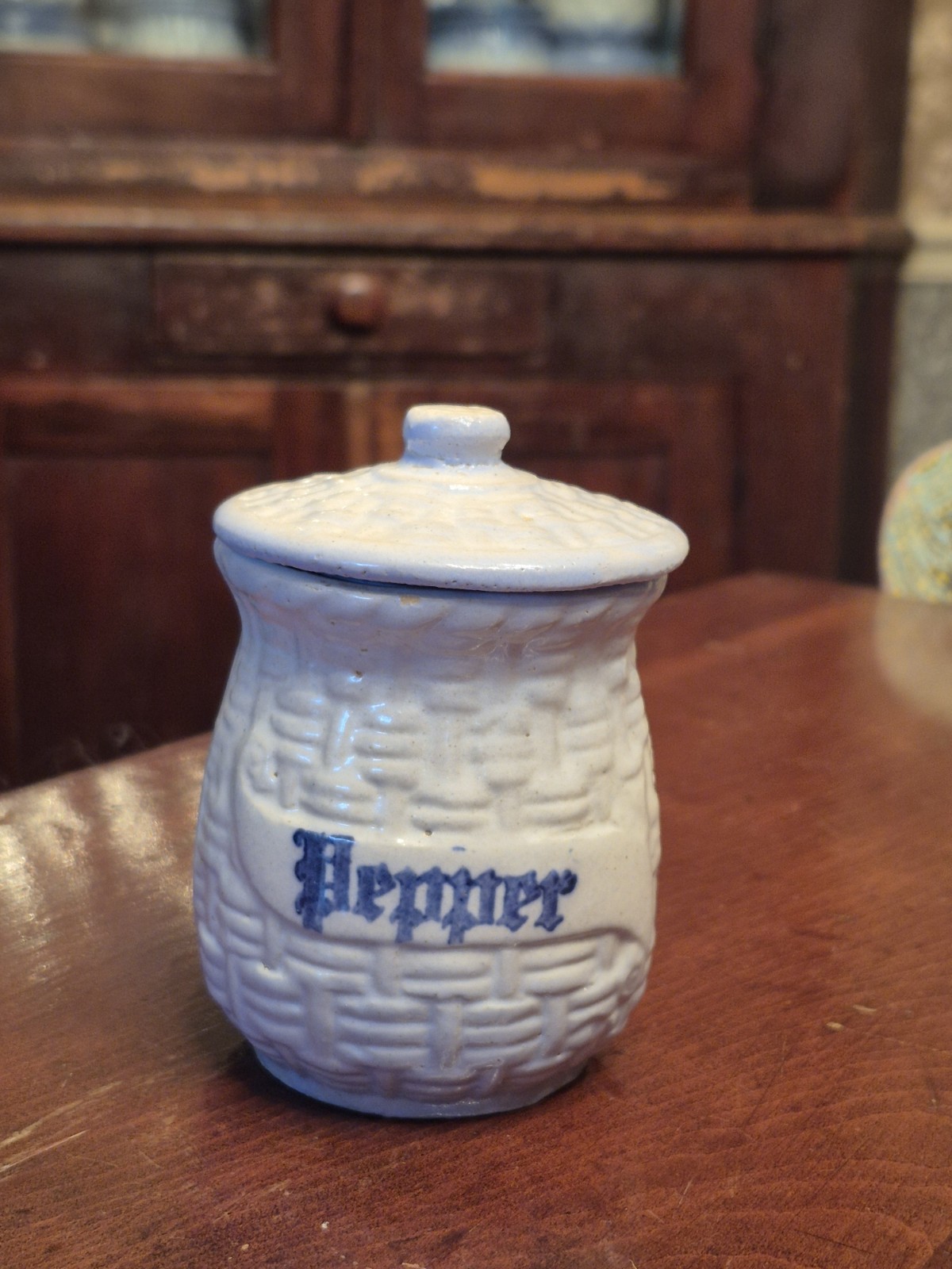 PEPPER Brush MCCOY Blue White Stoneware Basketweave Canister w/ Lid
