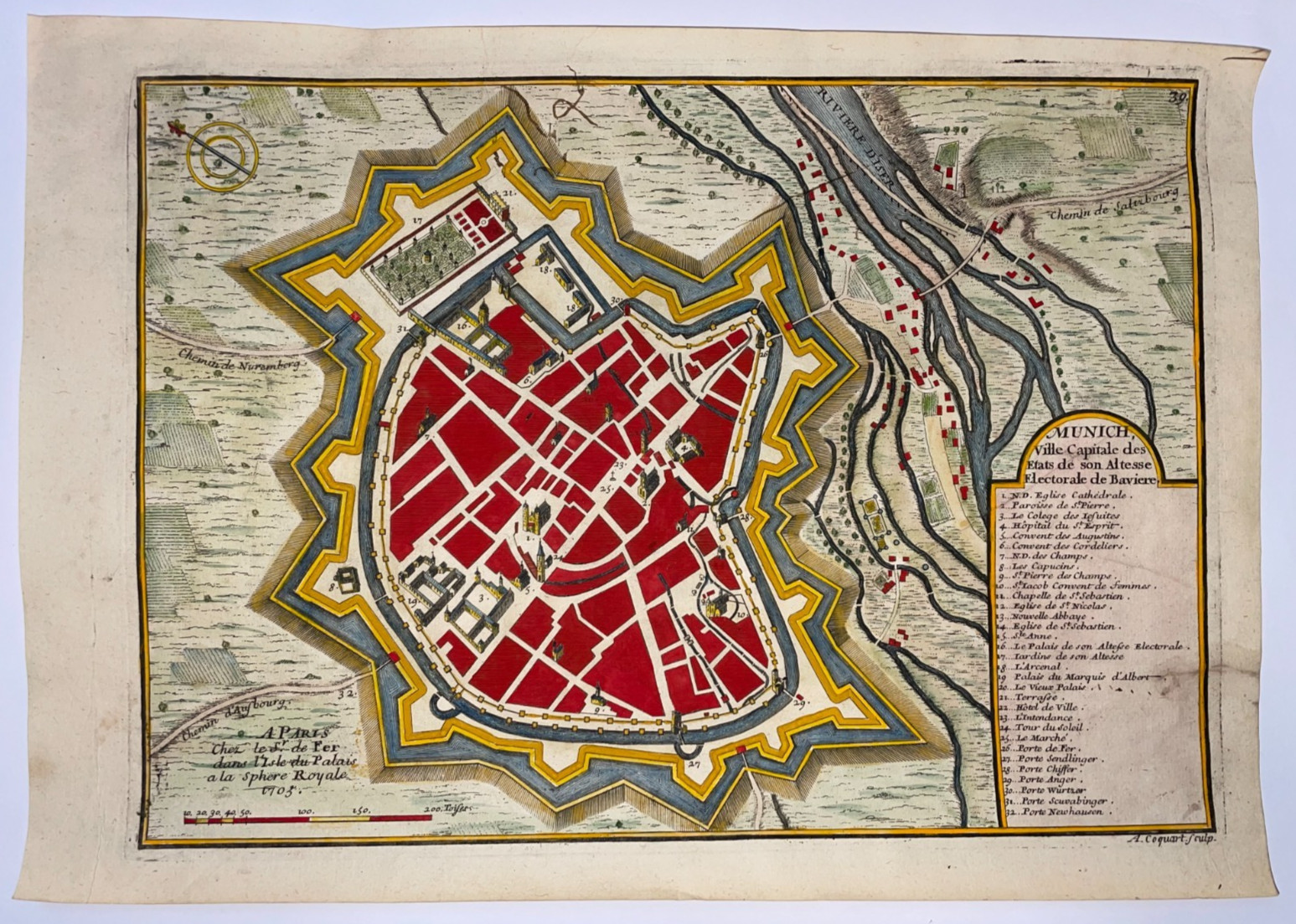 MUNICH GERMANY DATED 1705 NICOLAS DE FER 18TH CENTURY ANTIQUE MAP