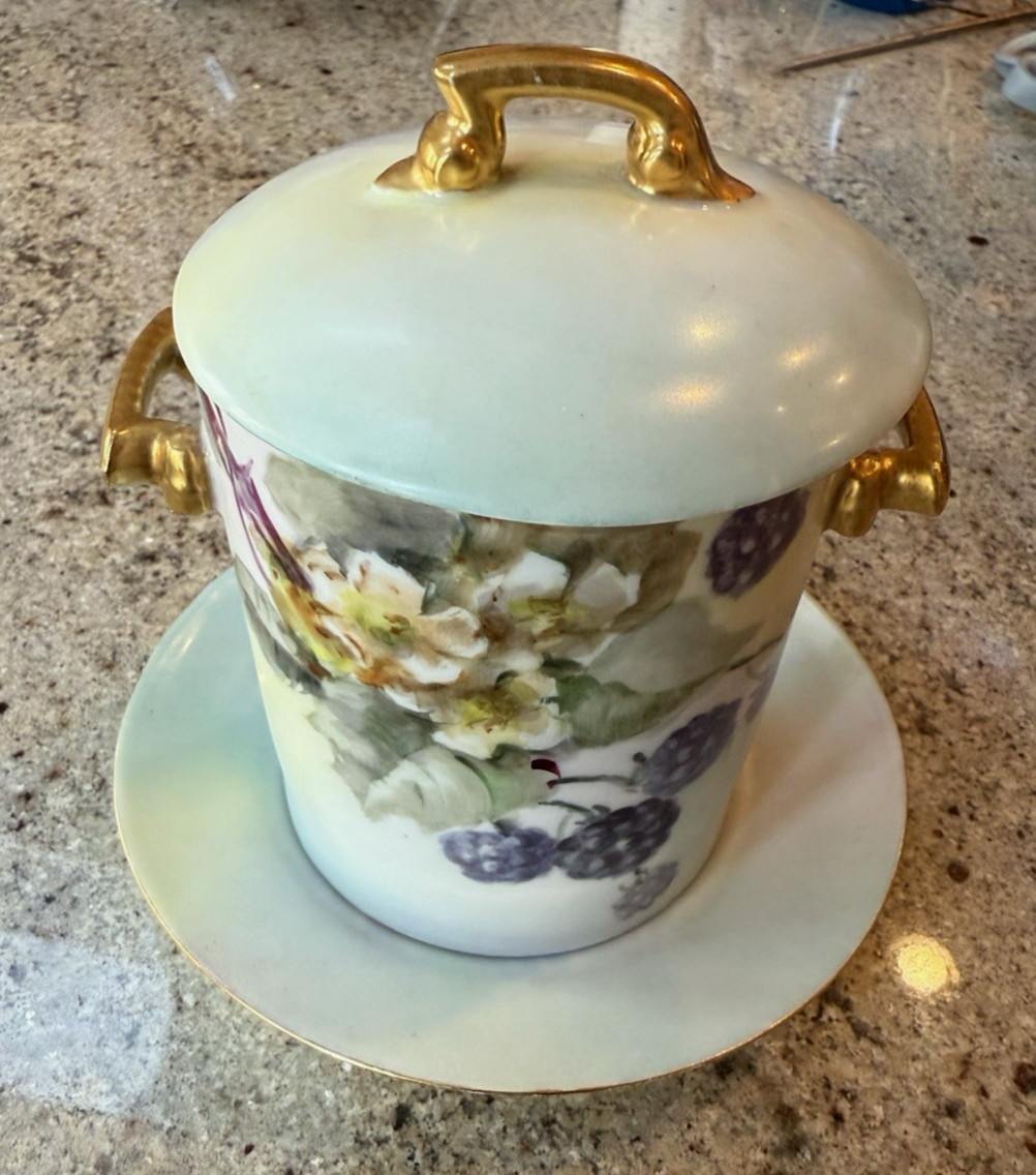 Antique T&V Limoges Hand Painted Berries CONDENSED MILK CONTAINER w/ Lid & Plate