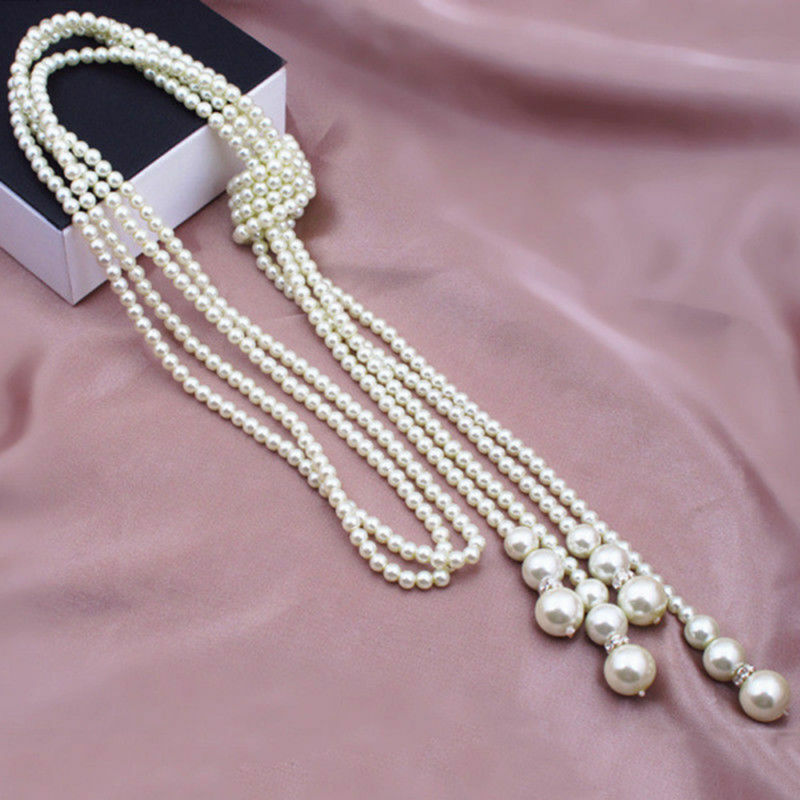 Women Faux Pearl White Drop Pearl Beaded Long Sweater Chain Rope Necklace