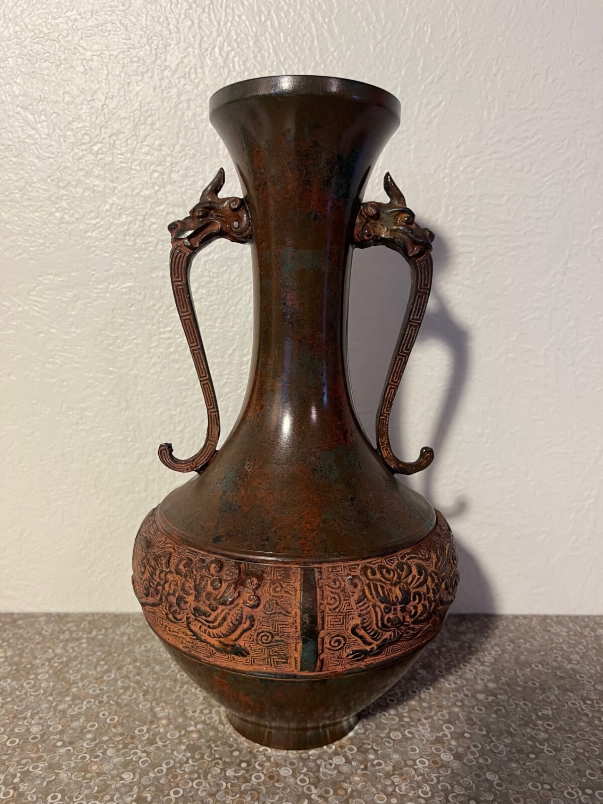 Vintage Japanese Bronze/Copper Alloy Vase Dragon Handles 9 .5 ” Tall 5.25″ Wide