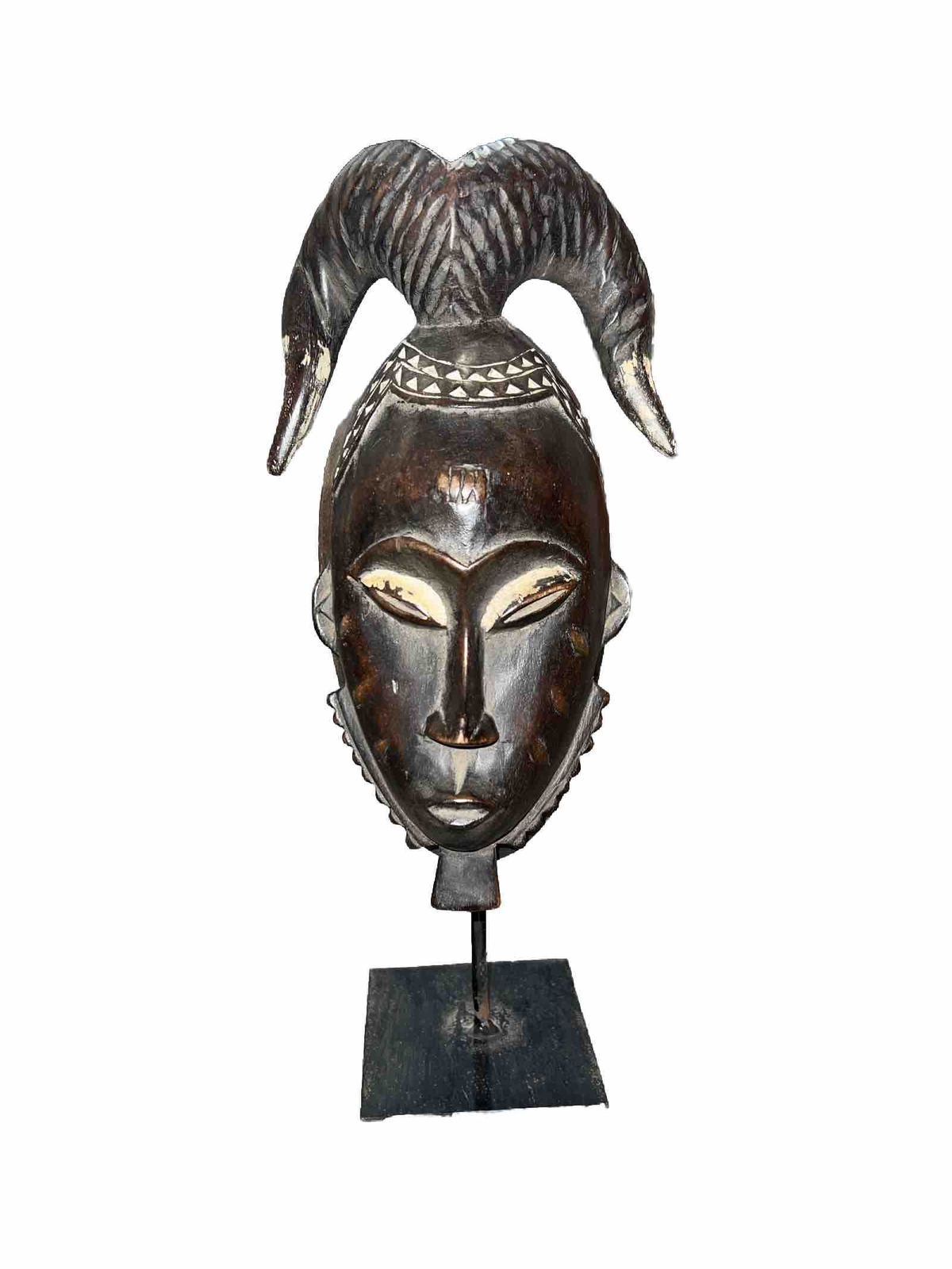 Yaure Baule Portrait Mask Horns On Custom Stand H11 Inch Long 9.5inch Wide