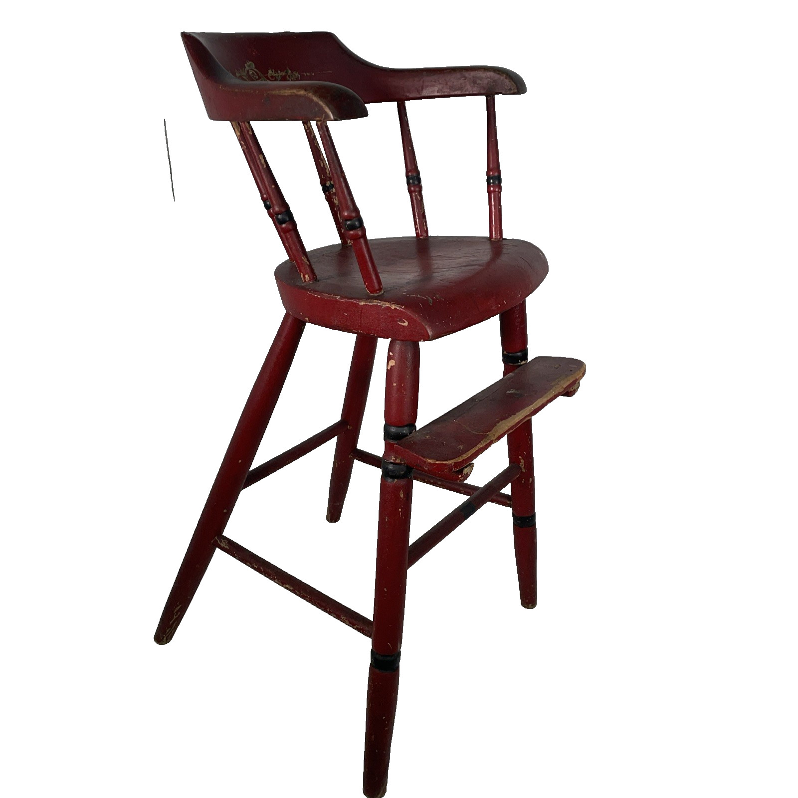 Antique Child’s High Chair Barrel back plank seat w Old Red Paint & Black Trim