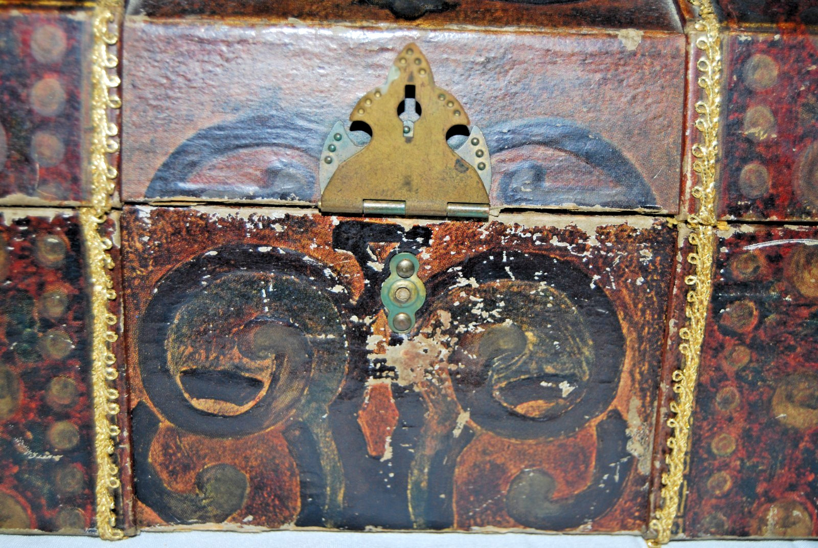 Antique Paper Litho Doll Trunk 1900s Dome Top Toy Treasure Chest Caribbean Map
