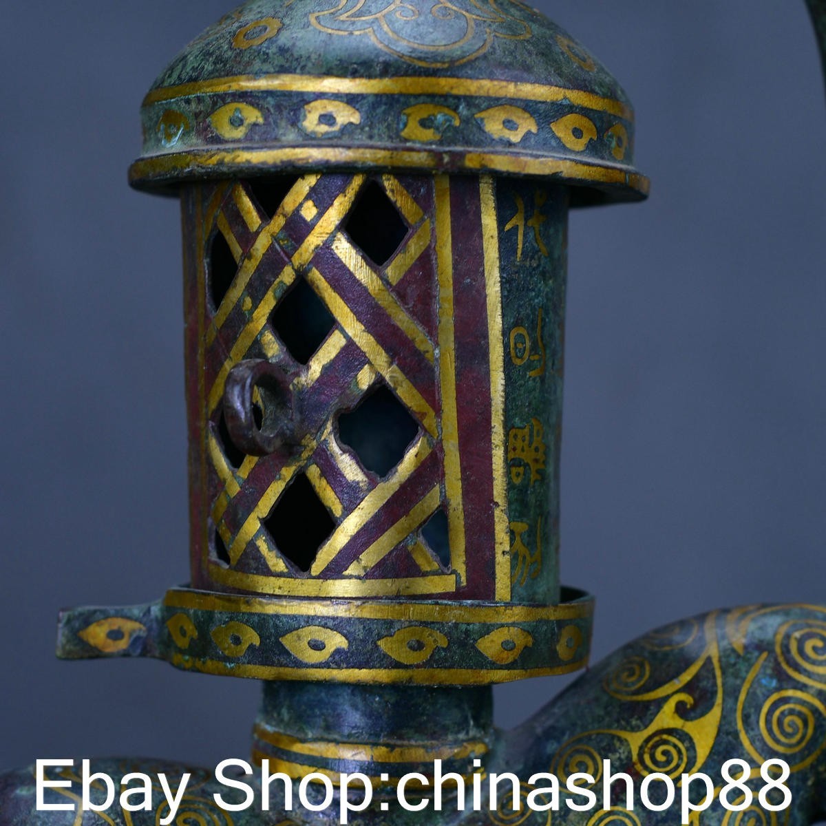 12″ Old Chinese Bronze Ware Gilt Dynasty Handheld Bull Beast Palace Lantern