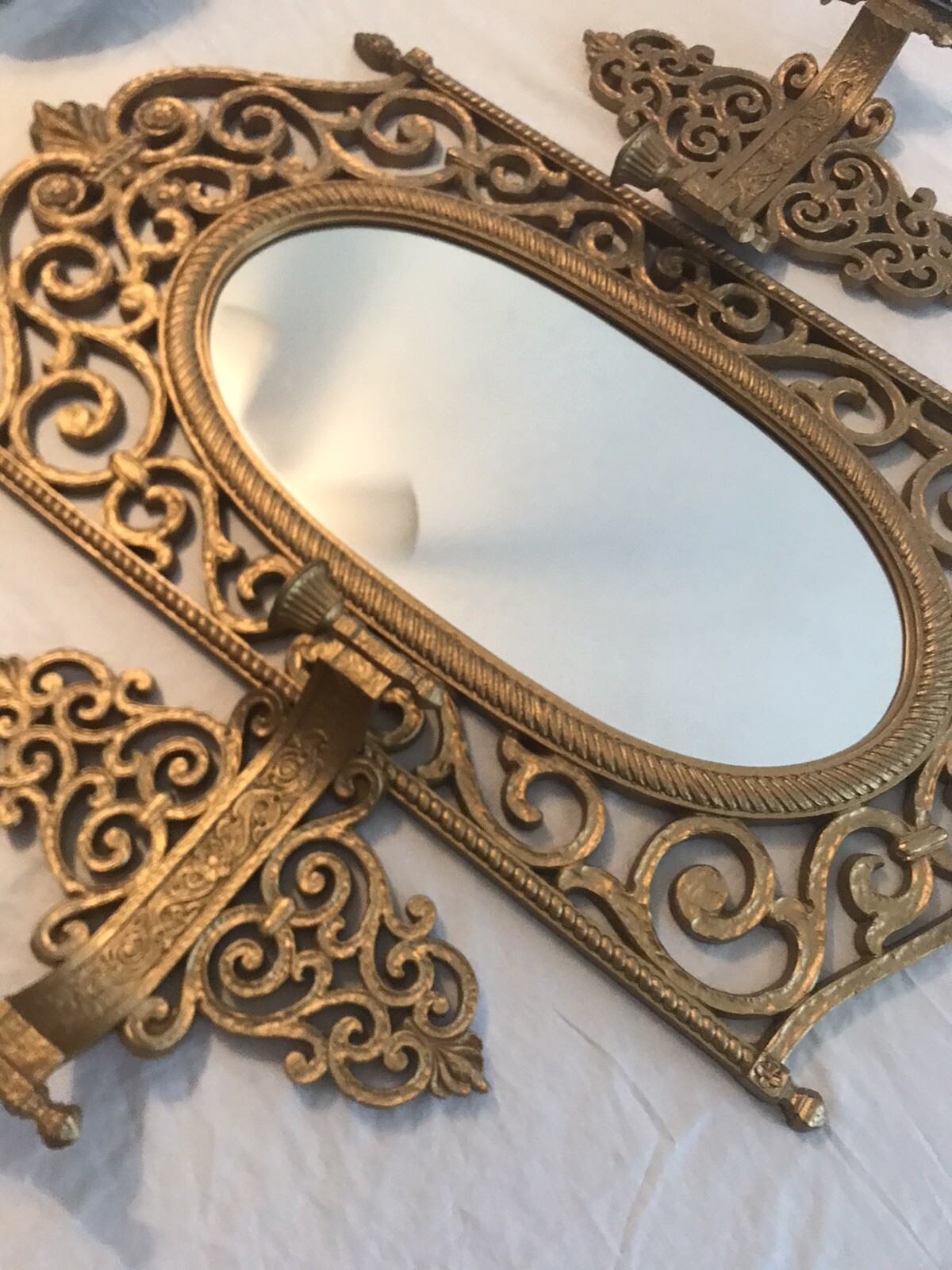 VTG MCM Hollywood Regency Syroco Ornate Gold Mirror & Sconce Set UNUSED MINT NOS