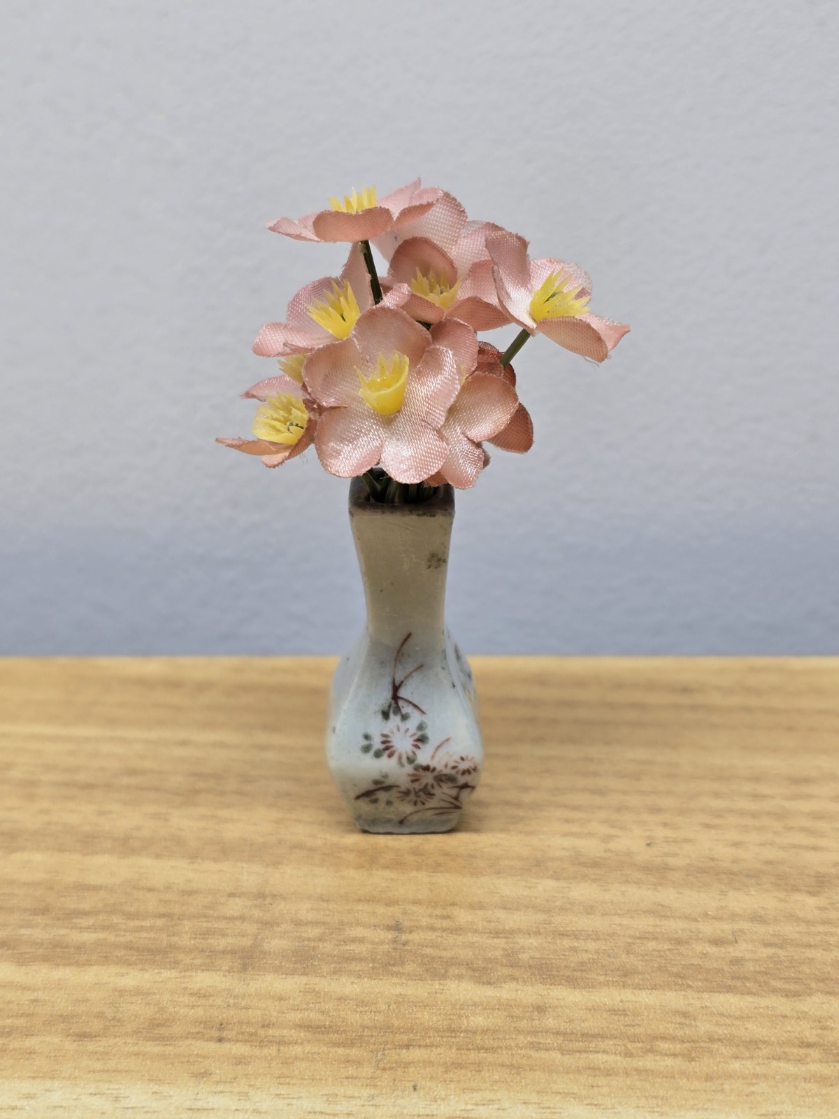 Antique Miniature White Porcelain Square Vase With Miniature Flowers