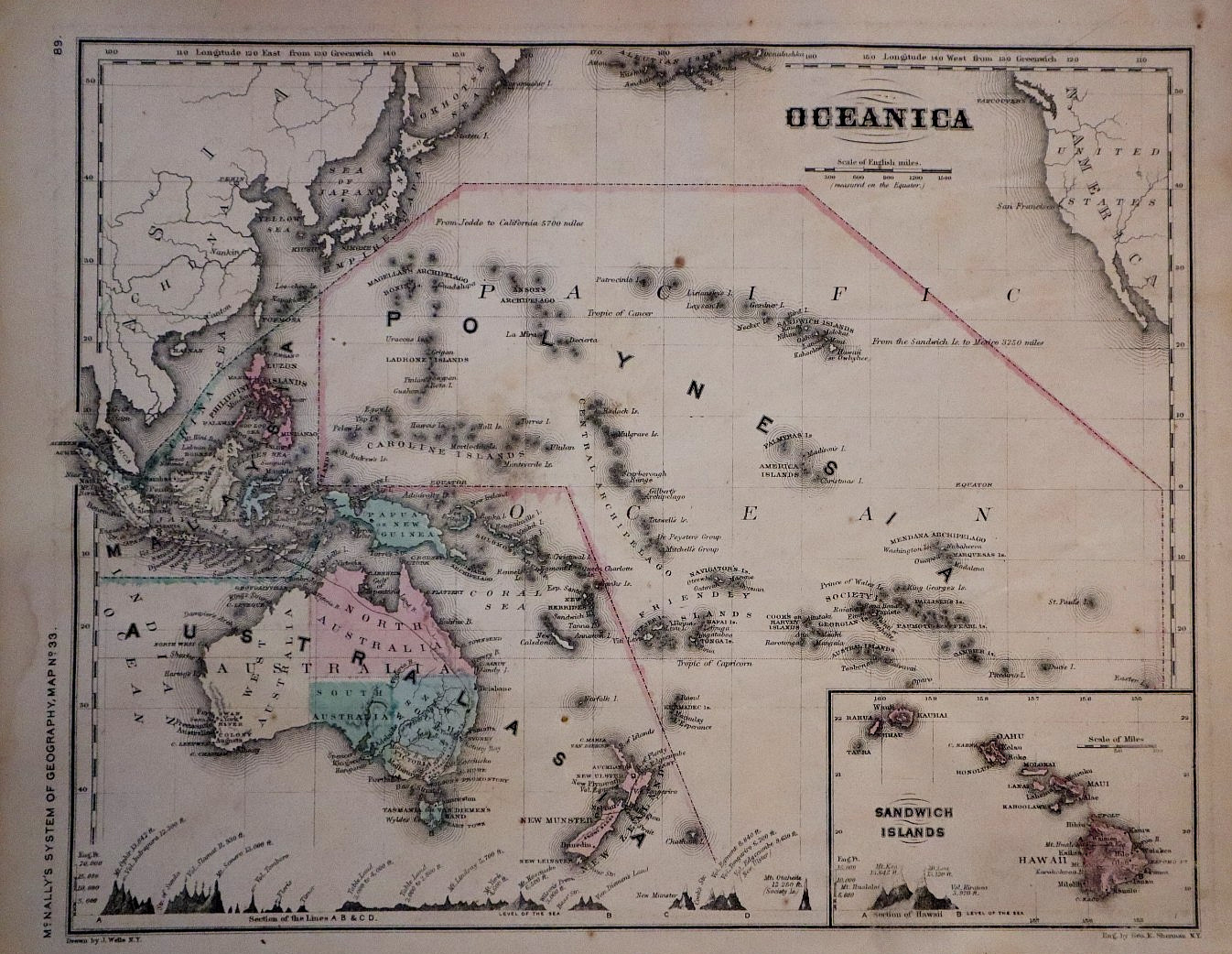 1862 Map of Oceanica, Polynesia, Australia, Pacific by F. McNally (10×12)-#19
