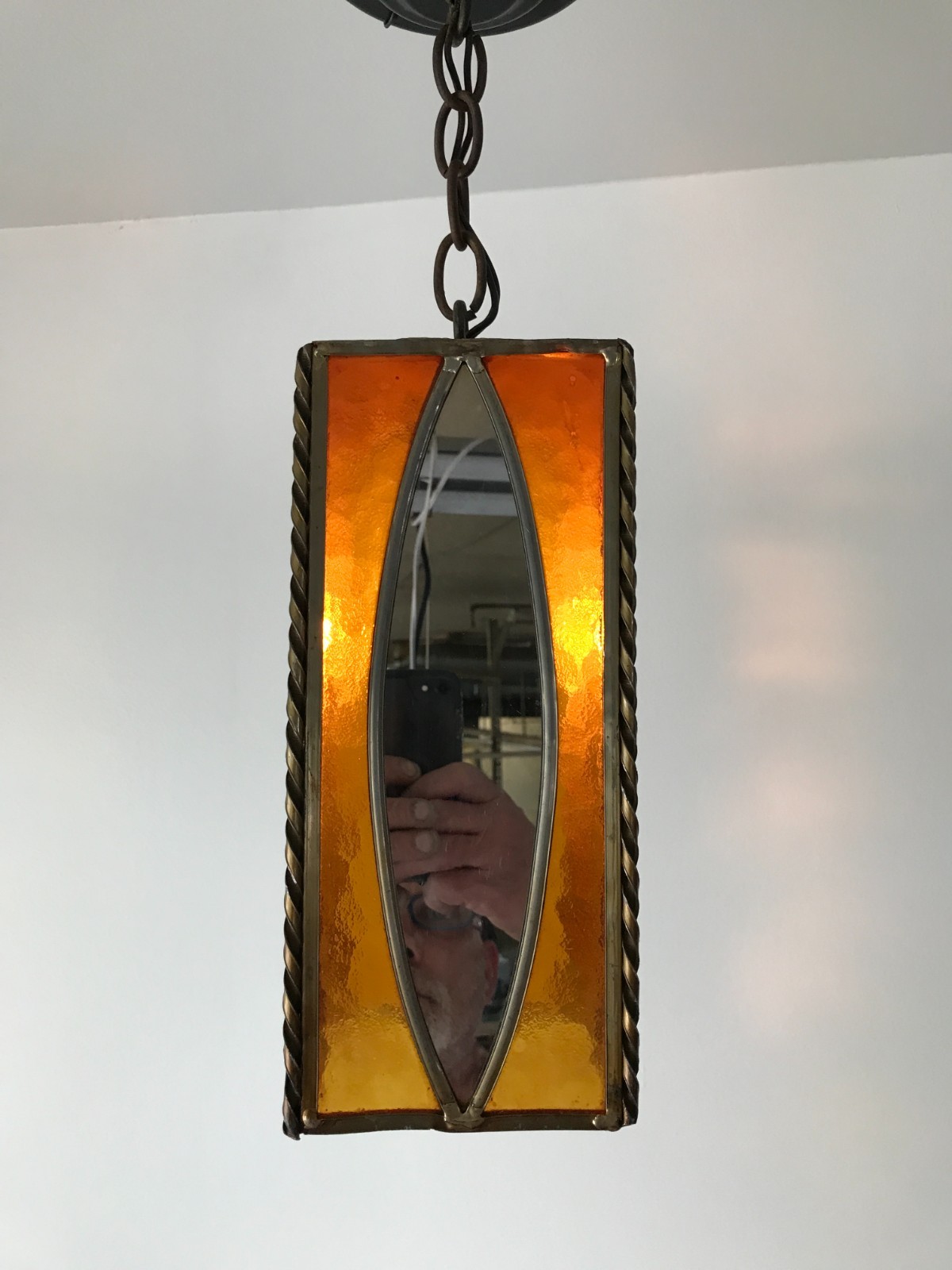 VTG MCM Amber Leaded Glass & Mirror Arts & Crafts Light Fixture Old 966-26B