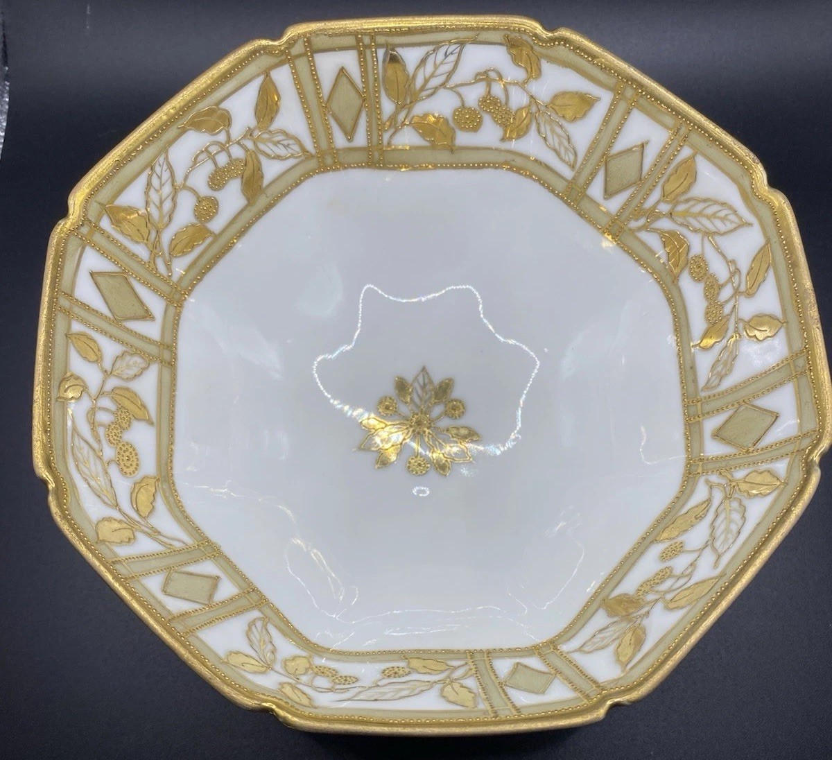 Antique Nippon Footed Bowl Gold Moriage Tripod Scroll Feet Hand Painted 7.5″